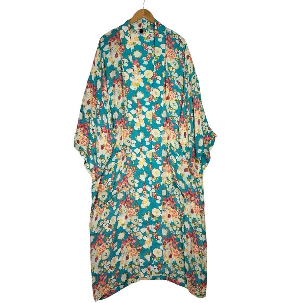 Dreamsacks Silk Maxi Kimono Duster Floral XL 1X Boho Long Open Front Robe Jacket